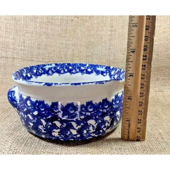 Blue Pottery Serving Bowl with Handles Sponge Painted 5" Diameter Signed - Picture 6 of 9